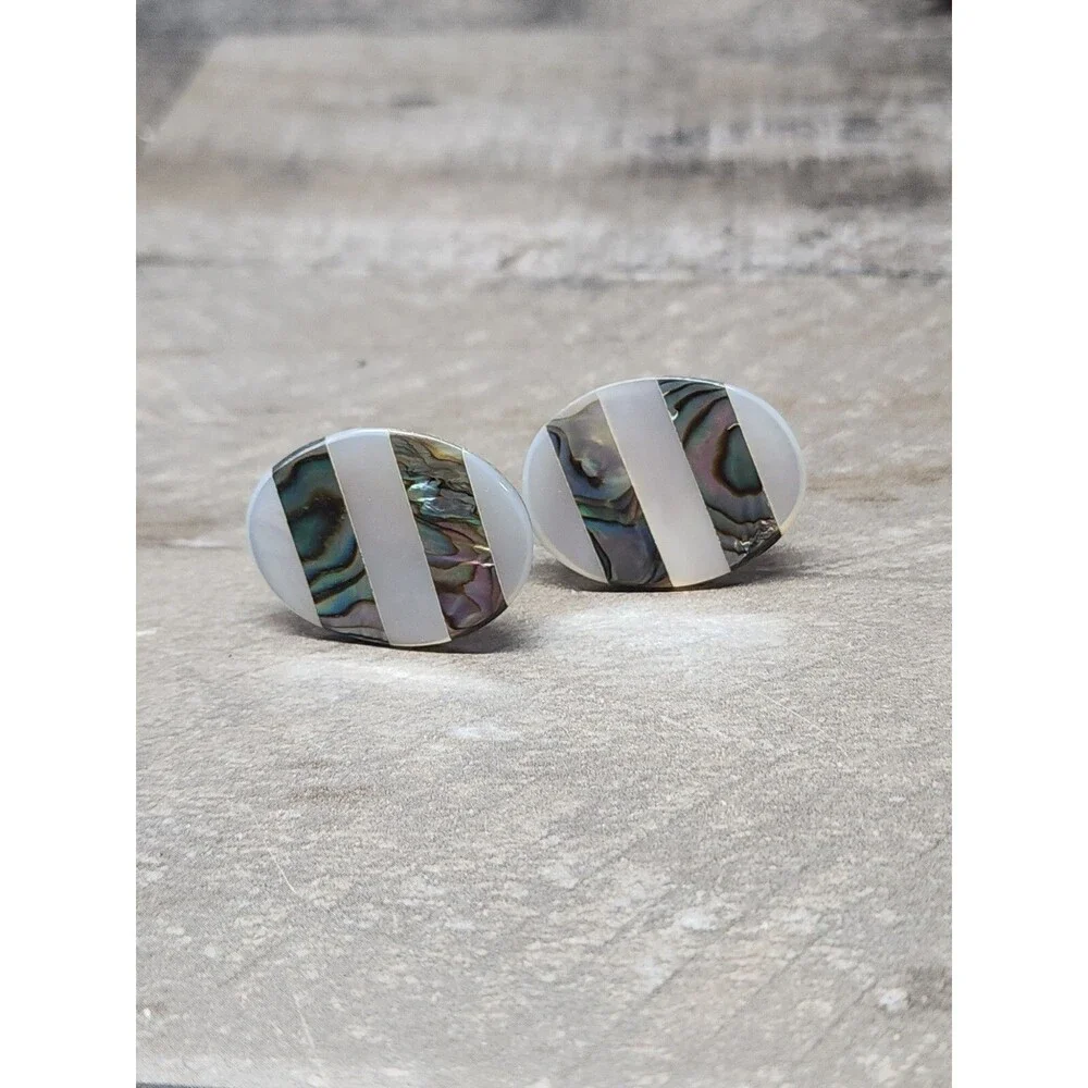 Mother Of Pearl Abalone Shell Maximalism Unisex Cuff Links Large Oval Fashion